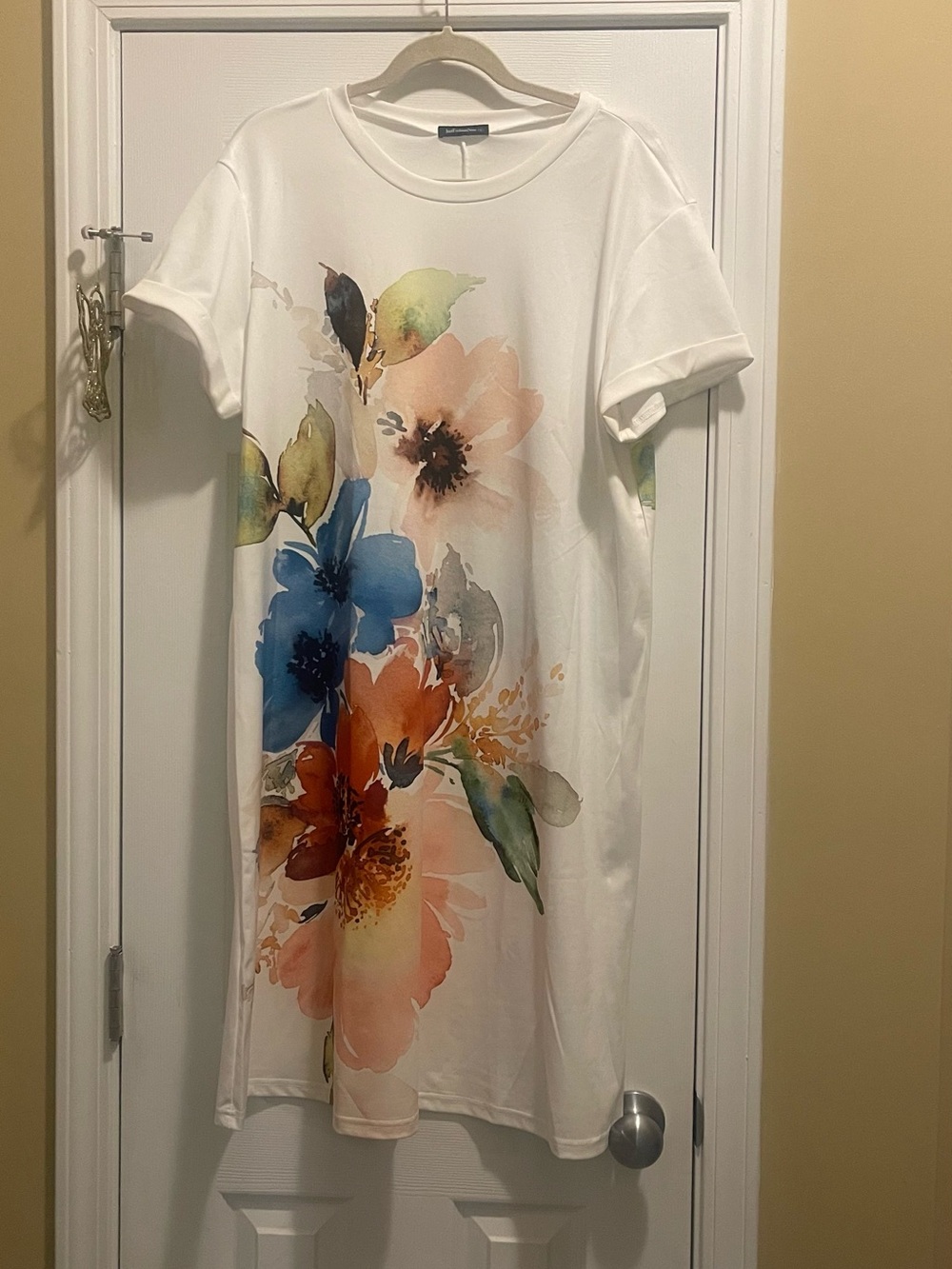 Ashley Stewart White Midi Dress with Blue, Orange and Peach Floral Print
